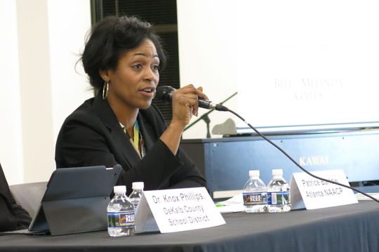 Atlanta NAACP Education Committee member Patrice Barlow speaks as a panel member during a parents' town hall for the Every Student Succeeds Act, at Ebenezer Baptist Church in Atlanta on Oct. 23.