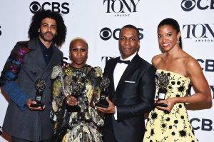 NEW YORK, NY - JUNE 12: (L-R) Daveed Diggs, Cynthia Erivo, Leslie Odom, Jr., and Renee Elise Goldsberry pose in the press room with their awards at the 70th Annual Tony Awards at The Beacon Theatre on June 12, 2016 in New York City. (Photo by Dimitrios Kambouris/Getty Images for Tony Awards Productions)