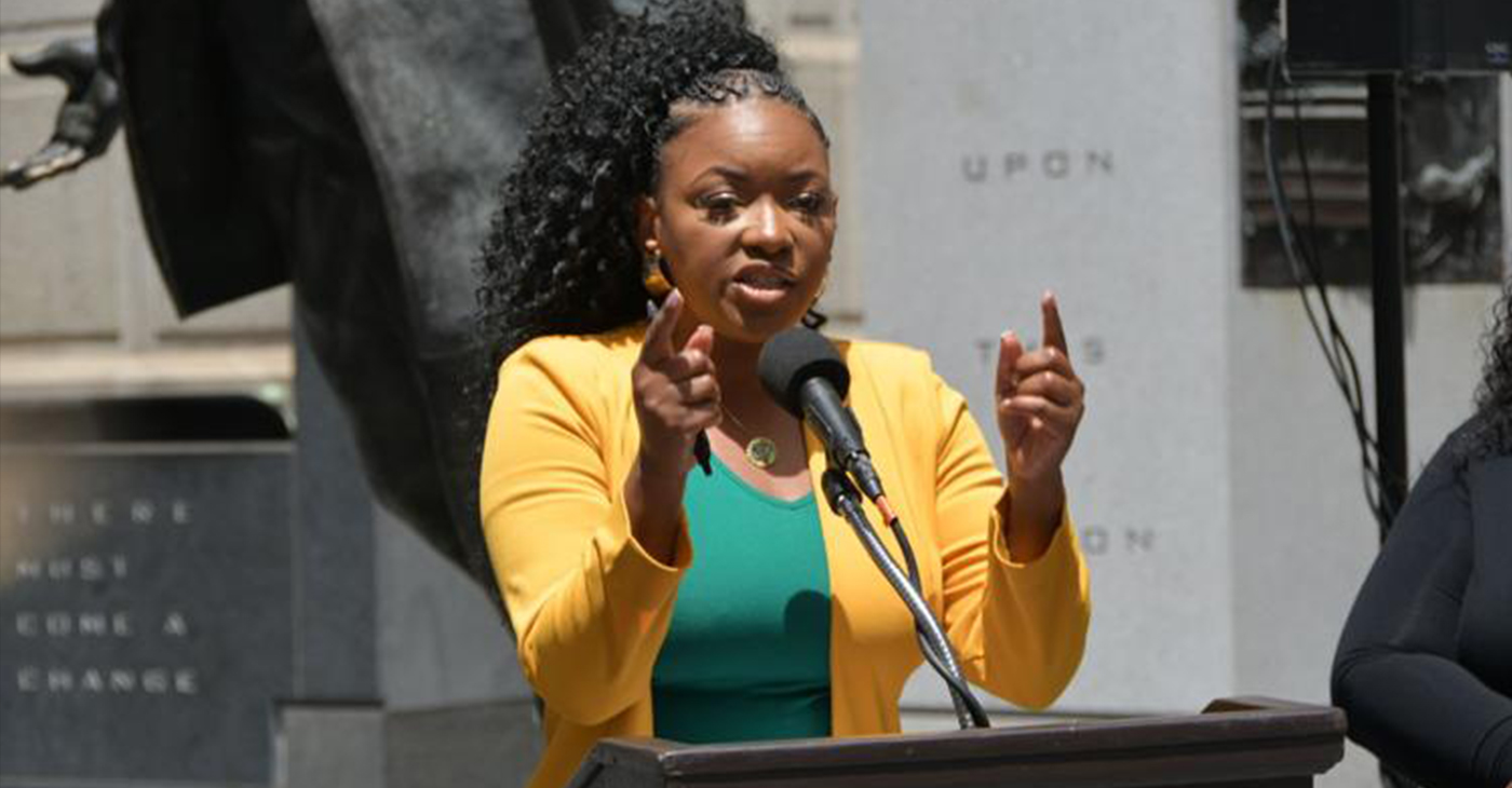 Rep. Jasmine Crockett (D-Texas) speaks in front of the Octavius Catto statue outside City Hall on Tuesday. — Tribune Photo/Abdul R. Sulayman