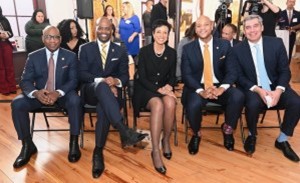 Left to Right: Morgan State University President, Dr. David K. Wilson; Coppin State University President Dr. Anthony L. Jenkins; Bowie State University President, Dr. Aminta H. Breaux; Governor Wes Moore (D-MD), BGE CEO, Carim Khouzami (Photo Courtesy: Maryland Office of the Governor)