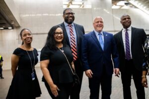 U.S. Congresswoman Nikema Williams, Odie Donald, and Special Advisor to the President of the United States, Mitch Landrieu, right, tour the Five Points MARTA Station on Thursday, August 11, 2022. (Photo: Itoro N. Umontuen/The Atlanta Voice)
