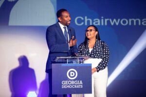 Atlanta Mayor Andre Dickens is joined by Democratic Party of Georgia Chair and U.S. Rep. Nikema Williams at the Democratic Party of Georgia state dinner on Friday, May 13, 2022 in Atlanta. (Photo By: Itoro N. Umontuen/The Atlanta Voice)