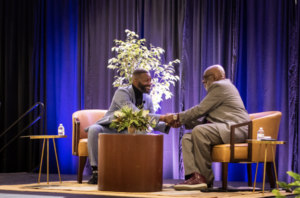 Dr. Shelley Stewart, here with Birmingham Mayor Randall Woodfin last fall, said the Putting People First Award from the mayor's office means the most of the numerous accolades he has received over decades in radio and community service. (Amarr Croskey, For The Birmingham Times)