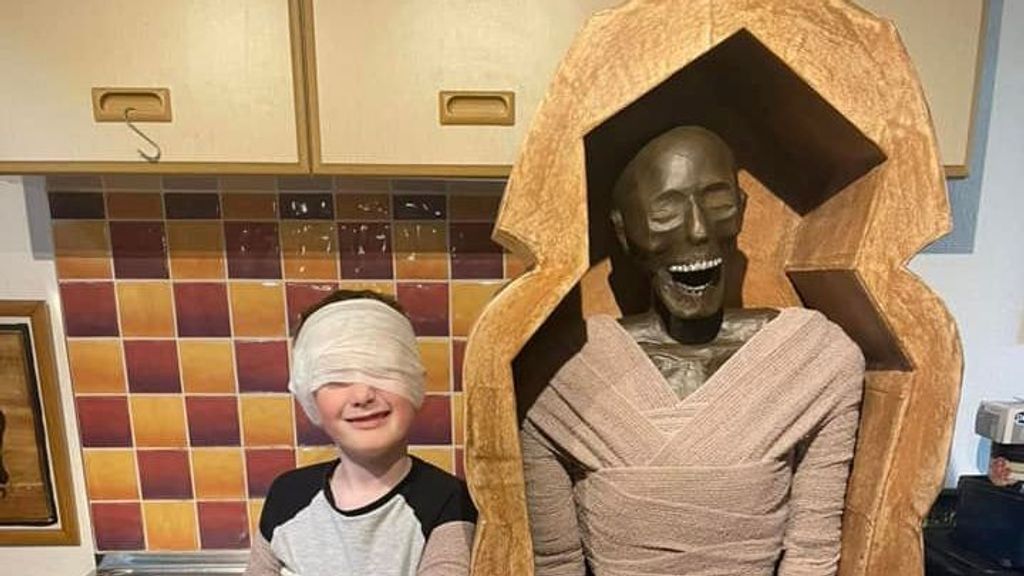 A dad took his son's ancient Egypt school craft project extremely seriously - and built a life-size sarcophagus complete with a mummified pharaoh for $300. ( Richard Brigg/Zenger)