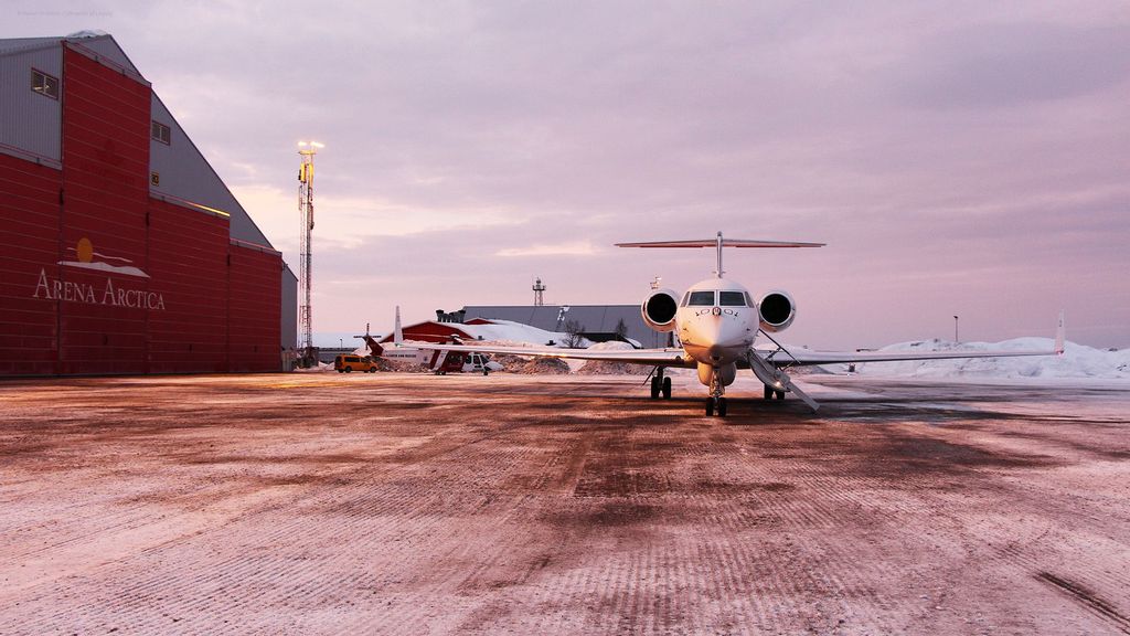 HALO, one of the three research aircraft being used in the HALO-(AC)3 campaign in March 2022, in front of Arena Arctica in Kiruna, Sweden. (Marlen Bruckner-University Leipzig/Zenger News)