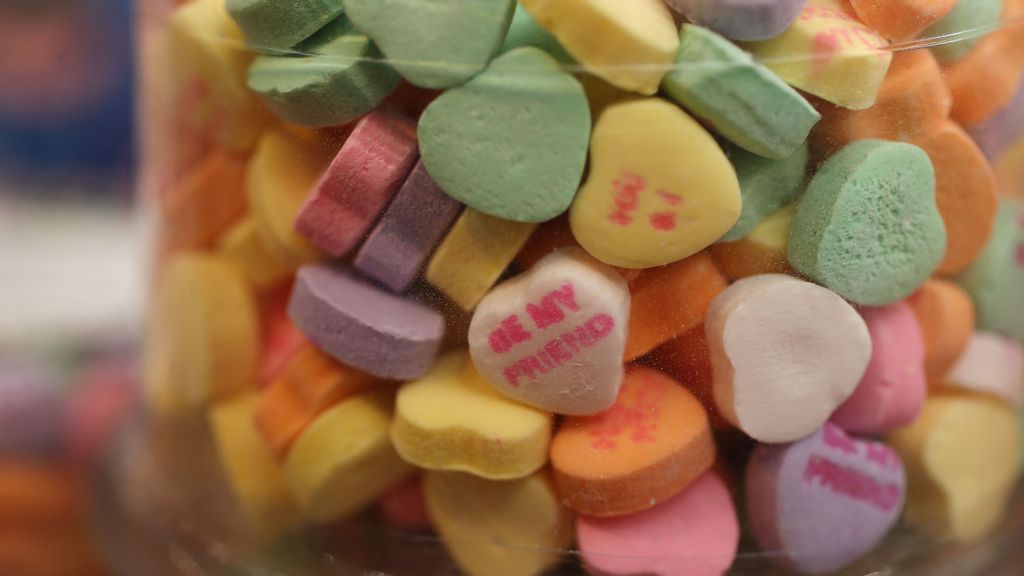 Sweetheart candy hearts are seen on the shelf at the To The Moon Marketplace on January 29, 2019 in Wilton Manors, Florida. William Newcomb who works at the store said, 'they stocked up early on the heart shape candy after learning that the Necco company had filed for bankruptcy protection and went out of business.' The Sweetheart candy was being made by Necco since 1886 and is in short supply after the company went out of business as Valentine’s Day approaches. (Photo by Joe Raedle/Getty Images)