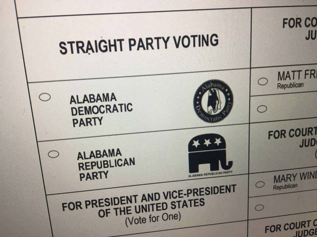 Straight party voting box on Alabama ballot