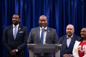 Democratic National Committee Chairman, Jamie Harrison (center), delivers a speech at State Farm Arena on Thursday, July 28, 2022. (Photo courtesy: Itoro N. Umontuen)