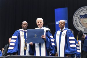 President Biden speaks to Howard University graduates as Howard President Dr. Wayne Frederick introduces successor