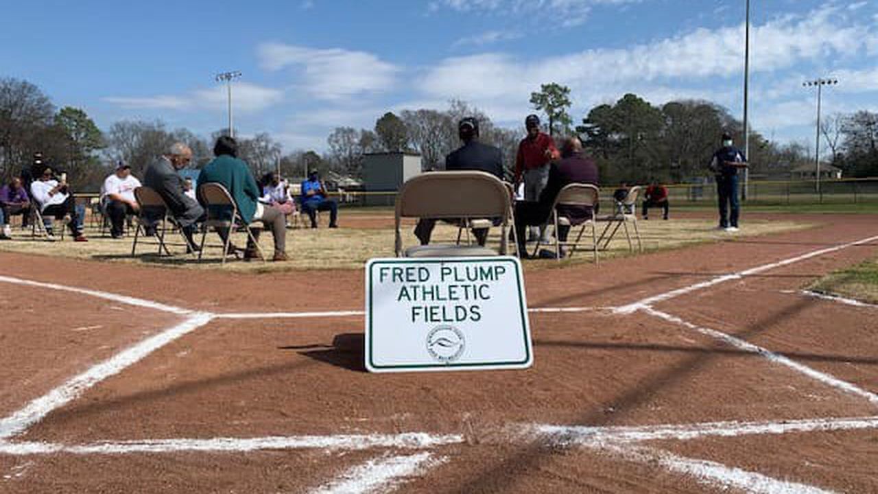 A sign declaring the Fred Plump Athletic Fields at Birmingham's Lowery Park was dedicated in March 2022.