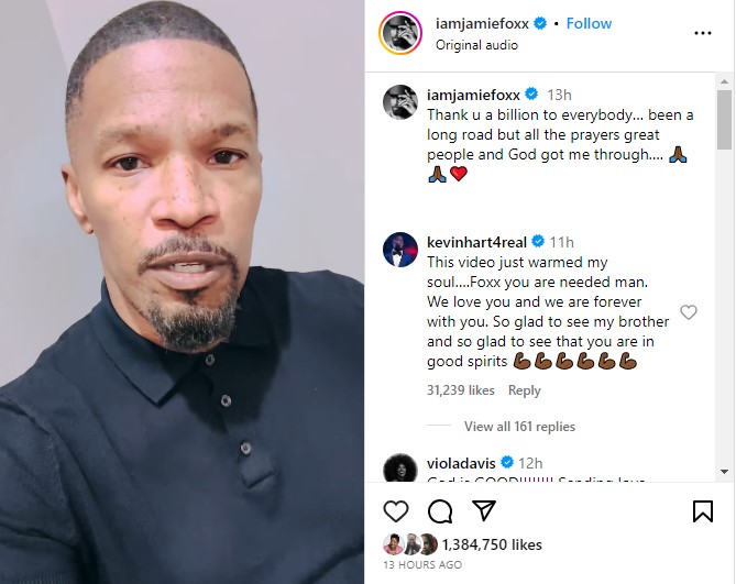 Jamie Foxx thanks fans for support in an Instagram message