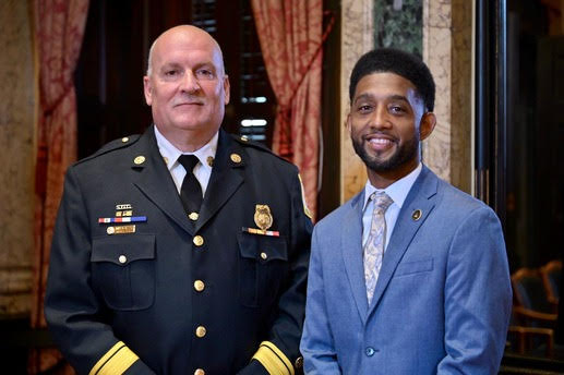 Mayor Brandon Scott announces James Wallace, 33-year fire department veteran, as the new Baltimore City fire chief