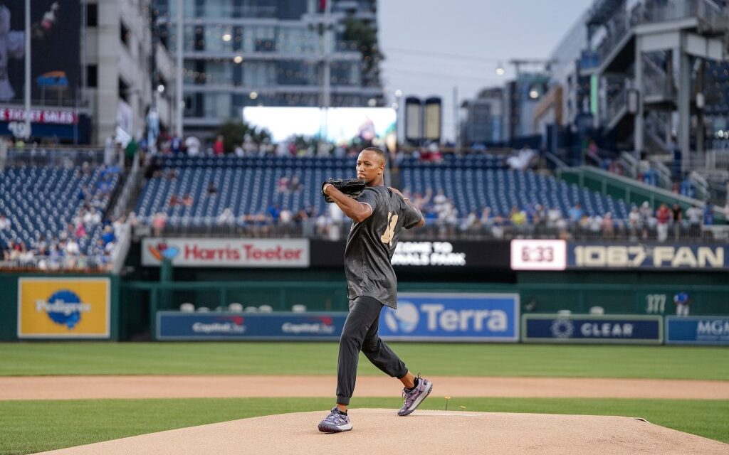 Nick Arrington, hometown reality star, throws out the first pitch at Nationals stadium