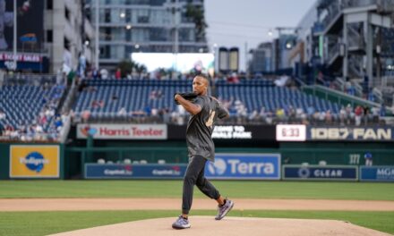 Nick Arrington, hometown reality star, throws out the first pitch at Nationals stadium