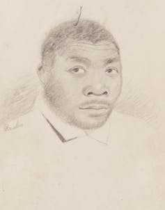 A pencil drawing of an African man looking at the viewer. He is depicted with just his head and shoulders visible. He wears a collared shirt, and he has a short beard and short hair.