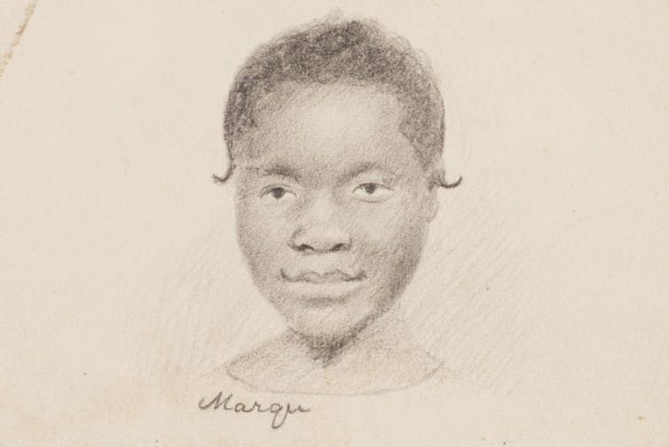 A pencil-and-ink drawing of a young girl's head and shoulders. She stares at the viewer with a slight smile on her face. 'Marqu' is written below her face.