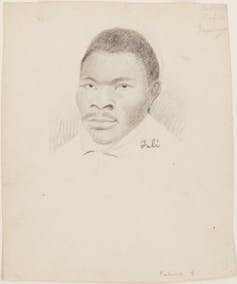 A pencil-and-ink drawing of the face of a young Black man with a thin mustache.